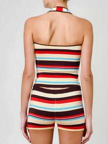 Cévolie 2pcs Women Halter Neck Patchwork Top And Shorts Set, Casual Daily Holiday Outfit - Multicolor - View 2