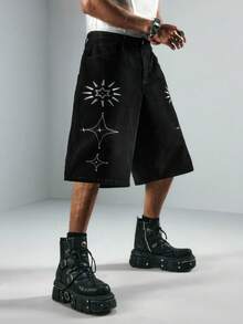 ROMWE MEN Street Life Men's Casual Everyday Embroidered Detail Loose Denim Shorts - Black - View 6