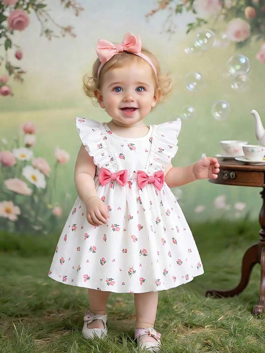 SHEIN 1 chiếc đầm bé gái dễ thương kiểu dáng thường ngày, họa tiết trái tim thắt nơ, thích hợp cho mùa hè, hoạt động ngoài trời và kỳ nghỉ. - trắng - Xem 1