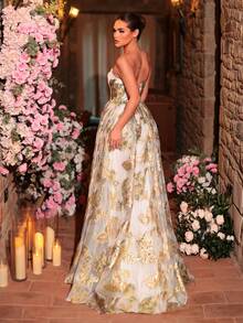 Glamrae Elegant Luxury Jacquard Satin Cold-Shoulder Strapless Boned Bodycon High Slit Maxi Dress, Suitable For Festivals, Weddings, Galas, Concerts, Business Events, Influencer Occasions - Multicolor - View 2