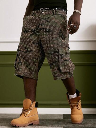 GALLERY FADE Men's Casual Street Style Multi-Pocket Crochet Camouflage Denim Shorts