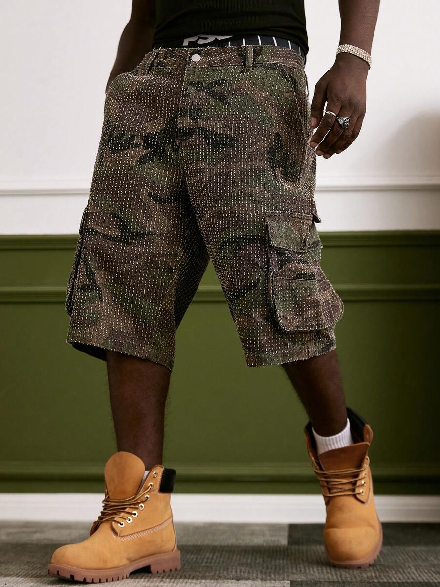 GALLERY FADE Men's Casual Street Style Multi-Pocket Crochet Camouflage Denim Shorts