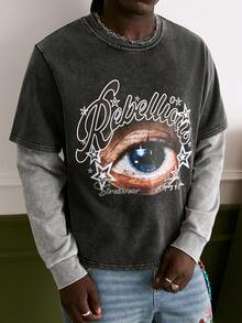 Manfinity Roughcore 1 Stück Herren Sweatshirt, Augen Muster, 2 in 1 Rundhalsausschnitt Pullover, kurzer Stil, Schwarz & Weiß Kontrast, sportlich-lässiger Alltags-Look, Pendeln, Urlaub, Rückkehr zur Schule, Geschenk für Freund/Ehemann, Unisex - Schwarz - Übersicht 4