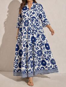 Comfylo Đầm rộng rãi, cổ chữ V, tay bồng, xếp tầng, họa tiết hoa dành cho nữ, thích hợp cho kỳ nghỉ hè. - Màu xanh lam - Xem 5