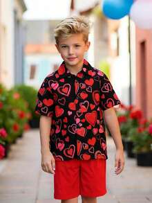 SHEIN 2pcs Boys Heart Print Shirt And Shorts Set, Valentine's Day Outfit - Black - View 1