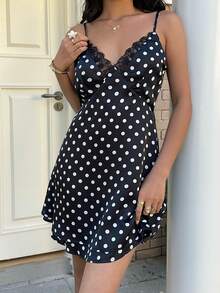 SHEIN EZwear 黑色波点吊带迷你连衣裙 - 黑色 - 查看 6