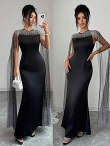 Elenzga Women's Elegant Luxurious Evening Dress, Black Satin Strapless Waist Cinched Long Sleeve Dress, Suitable For Parties And Galas - Black - View 1