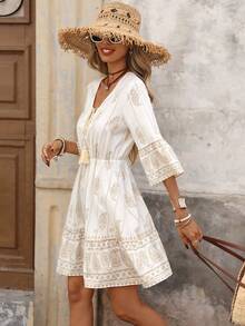 Brillora 女士休闲优雅浪漫度假印花连衣裙，春夏款 - 白色 - 查看 5
