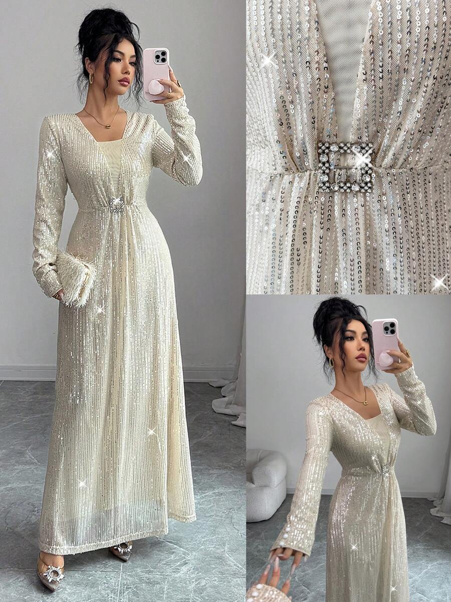 Elenzga Đầm dài tay cổ chữ V đính sequin sang trọng, thanh lịch dành cho nữ, màu vàng sâm panh, thích hợp cho các bữa tối trang trọng và tiệc tùng. - Rượu sâm banh - Xem 1