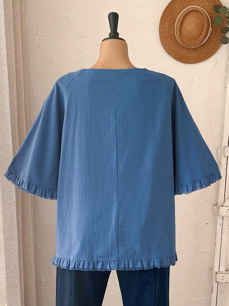 Plus Size Summer Casual Solid Color Frill Trim Raglan Sleeve Shirt/ Vacation Summer Tops Summer Spring Spring Women Spring Country Style For Women Blue Blouse For Women Boho Tops Plus Size Blue Tops Plus Size Blue Top For Woman Plus Size Tops