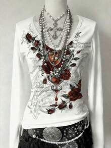 Attitoon Áo thun nữ tay dài dáng ôm vừa vặn phong cách vintage, cổ chữ V sâu, phù hợp với phong cách Y2K, Grunge, họa tiết trái tim, họa tiết hoa hồng. - trắng - Xem 7