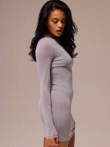 MUSERA ESSENTIALS 圆领长袖透视网纱迷你连衣裙，适合秋冬季夜间外出，性感可爱，修身百搭。 - 淺灰色 - 查看 3