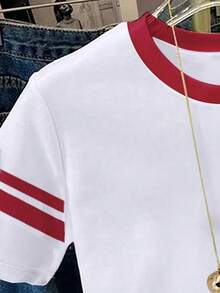 Resyla Plus Size Embroidered Heart Contrast Trim Round Neck Short Sleeve Casual T-Shirt - White - View 3