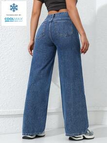 SHEIN ICON Quần jeans ống rộng màu trơn, cạp xéo, kiểu dáng thường ngày, đa năng. - Màu xanh lam - Xem 2