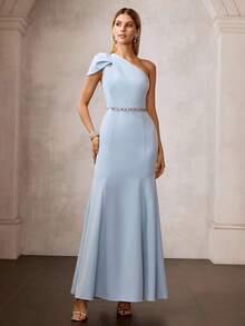 MOTF Soiréza WOMEN'S ELEGANT ASYMMETRIC SHOULDER MERMAID HEM LONG DRESS - Blue - View 5