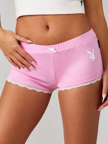 Missguided x Playboy Booty Shorts Lace Trim Jersey Pink Loungewear Sleep Shorts With Drawstring - Baby Pink - View 2