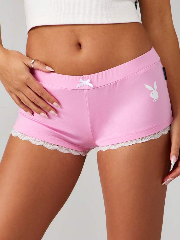 Missguided x Playboy Booty Shorts Lace Trim Jersey Pink Loungewear Sleep Shorts With Drawstring