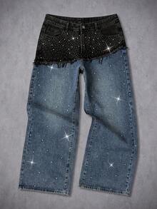 Manfinity EMRG Men's Casual Fashion Street Frayed 2 In 1 Rhinestone Embellished Loose Wide-Leg Jeans - Blue Black - View 1