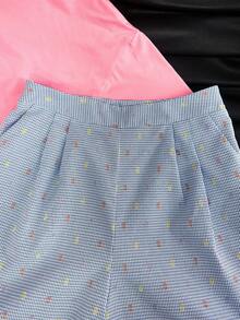 Franclia Pantalones casuales azules de mujer de verano, de cintura alta, con pliegues, a cuadros, con recortes y sueltos, de estilo francés y versátiles - Azul - Ver 5