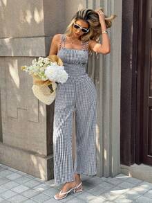 SHEIN PariChic Bộ 2 món áo kiểu Pháp kẻ caro buộc dây dành cho nữ. - Xanh và trắng - Xem 5