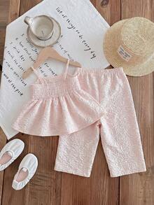 SHEIN LMoss Kids Baby Girl Summer Casual Vacation Daily Commute Solid Color Jacquard Babydoll Cami Top & Wide Leg Pants Set - Pink - View 8