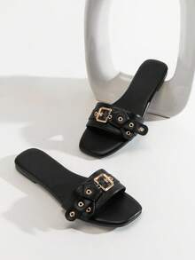 Solezae Women's Comfortable Slip-On Flat Sandals With Knot Eyelet Decor Valentine's Day - Black - View 9