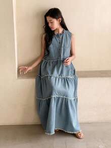 DAZY Vestido de patinadora vaquero con cuello Mao y botones, conjunto de moda para citas de verano para adolescentes - Lavado ligero - Ver 2