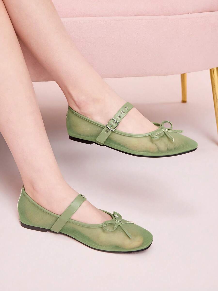 CUCCOO DOLLMOD Sepatu Flat Wanita Ujung Bulat Nyaman dengan Pita Merah Muda Modis dan Elegan, Sepatu Musim Semi, Liburan Musim Semi, Paskah, Hari Valentine - Kain kasa hijau - View 1