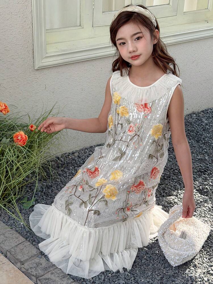 Tween Girl Floral Embroidery & Sequin Patchwork Round Neck Party Dress
