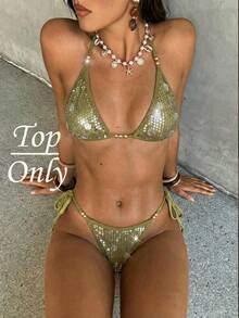 Aloruh 女士挂脖纯色亮片比基尼夏季新款亮片串珠面料魅力派对性感度假波西米亚风泳装上衣，比基尼上衣，女士度假装，女士沙滩装，女士比基尼，女士泳装，女士沙滩装，女士沙滩时尚，女士沙滩比基尼，女士沙滩装，女士沙滩度假装，女士夏季度假装，女士沙滩度假装 - 橄欖綠 - 查看 10