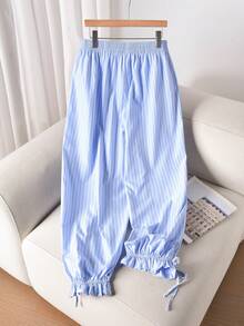 CosyJoli Plus Size Blue Striped Casual Cropped Parachute Pants With Pocket For Women - Blue - View 2