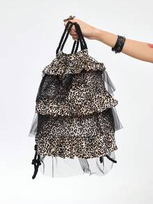 ROMWE Grunge Punk Women's Large Capacity Fashionable Sweet Leopard Print Ruffle Drawstring Backpack - leopard print - View 3