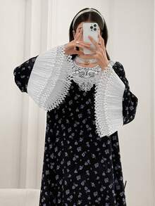 Yasmyna Women's Black Woven Floral Print Long Sleeve Ruffle Collar Elegant Arabic Dress, Spring/Summer - Black - View 5