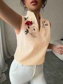 Rafferiza Women's Sleeveless Elegant Casual Embroidered Cotton Striped Shirt, Suitable For Work And Leisure, Spring/Summer - Yellow - View 6