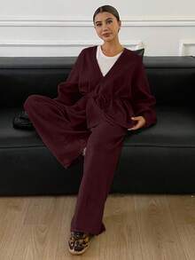 DAZY 2pcs/Set Women Loose Casual Wrap Sweater, Autumn/Winter - Burgundy - View 4