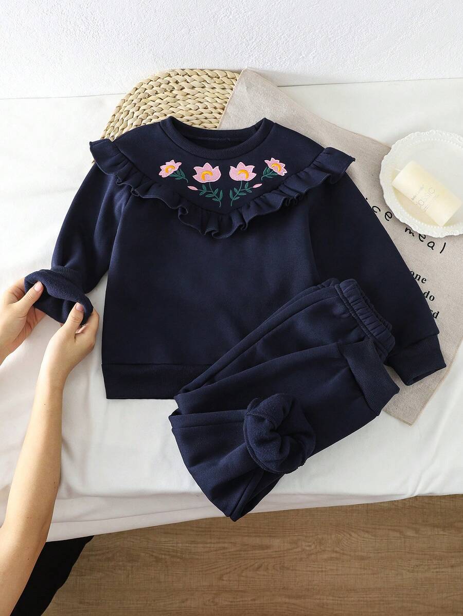 SHEIN Setelan 2pcs untuk Anak Perempuan & Remaja Perempuan: Atasan Sweatshirt Bordir Ruffle + Celana, Pakaian Sekolah Musim Gugur/Dingin untuk Aktivitas Sehari-hari - Biru - View 1