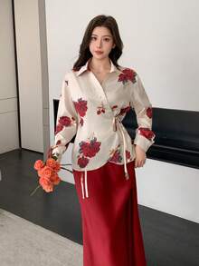 DAZY 春夏設計不對稱門襟綁帶情人節婚禮休閒通勤專業穿搭植物印花紅色上衣 & 裙子套裝優雅通勤老錢風靜奢女款兩件套 - 酒紅色 - 查看 6