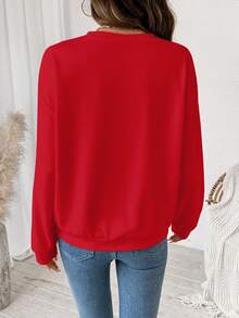 SHEIN LUNE Casual Minimalist Love Print Round Neck Loose Fit Thick Sweatshirt For Women - Red - View 2