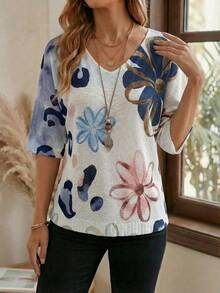 EMERY ROSE 女士优雅休闲度假3D数码印花V领宽松针织衫 - 彩色 - 查看 3