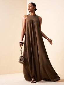 Zivah 2026 Spring/Summer New Arrival Wedding Season, Music Festival, Easter, Western, Boho, Nashville Inspired Sleeveless Round Neck Maxi Dress With Front Pleats, Sexy Open Back With Metal Buckle Pleats, Loose A-Line Silhouette, Suitable For Party, Wedding, Evening, Date, Casual Business ,Summer Dress - Dark Brown - View 6