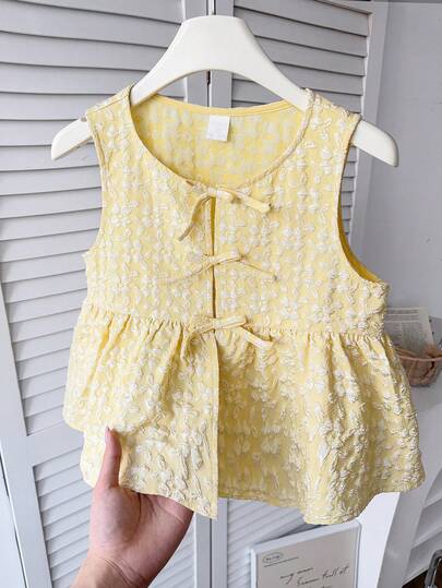 Tween Girls' Casual Elegant Round Neck 3D Bow Splice Ruched Hem Floral Jacquard Woven Shirt Blouse Camisole, Light Yellow, Spring/Summer