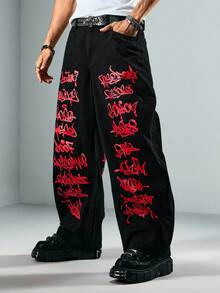 ROMWE MEN Street Life Men's Street Fashion Letter & Print Jeans - Black - View 6