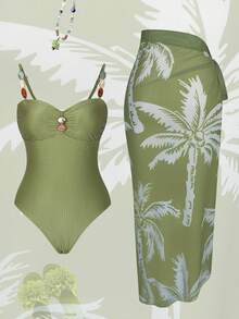 Swim Oasis Women's New Solid Color Special Fabric Beaded Backless One-Piece Swimsuit With Coconut Tree Net Skirt High-End 2 Pieces Set, Spring/Summer Resort Wear Women Sage Dress Sage Green Top Corset Top Dress Olive Green Bridesmaid Dress - Green - View 7