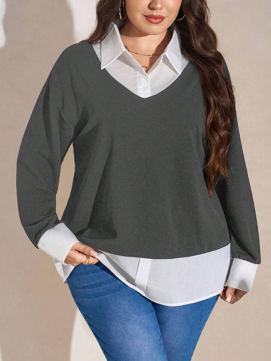 SHEIN LUNE 大码女式黑白撞色连帽衫衬衫领二合一上衣 感恩节女装 新年女装 冬季女装 锐舞派对 - 灰色 - 查看 1