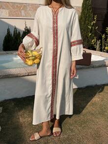 DAZY Women's Loose V-Neck Drop Shoulder Dress With Ribbon Trim, Suitable For Vacation - White - View 2