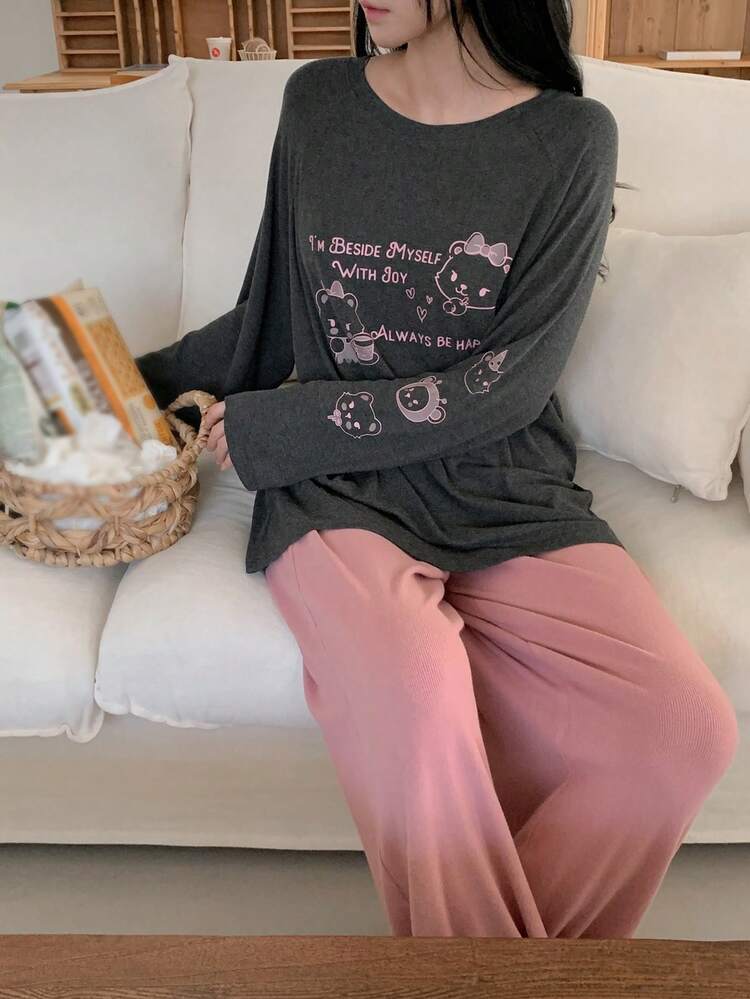 Cute Bear & Letter Print Loose Women Pajama Set