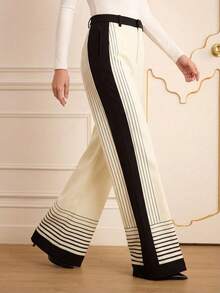 Lilora 女士优雅通勤条纹拼接裤，浪漫优雅，适合通勤，长款修身条纹阔腿裤 - 彩色 - 查看 2