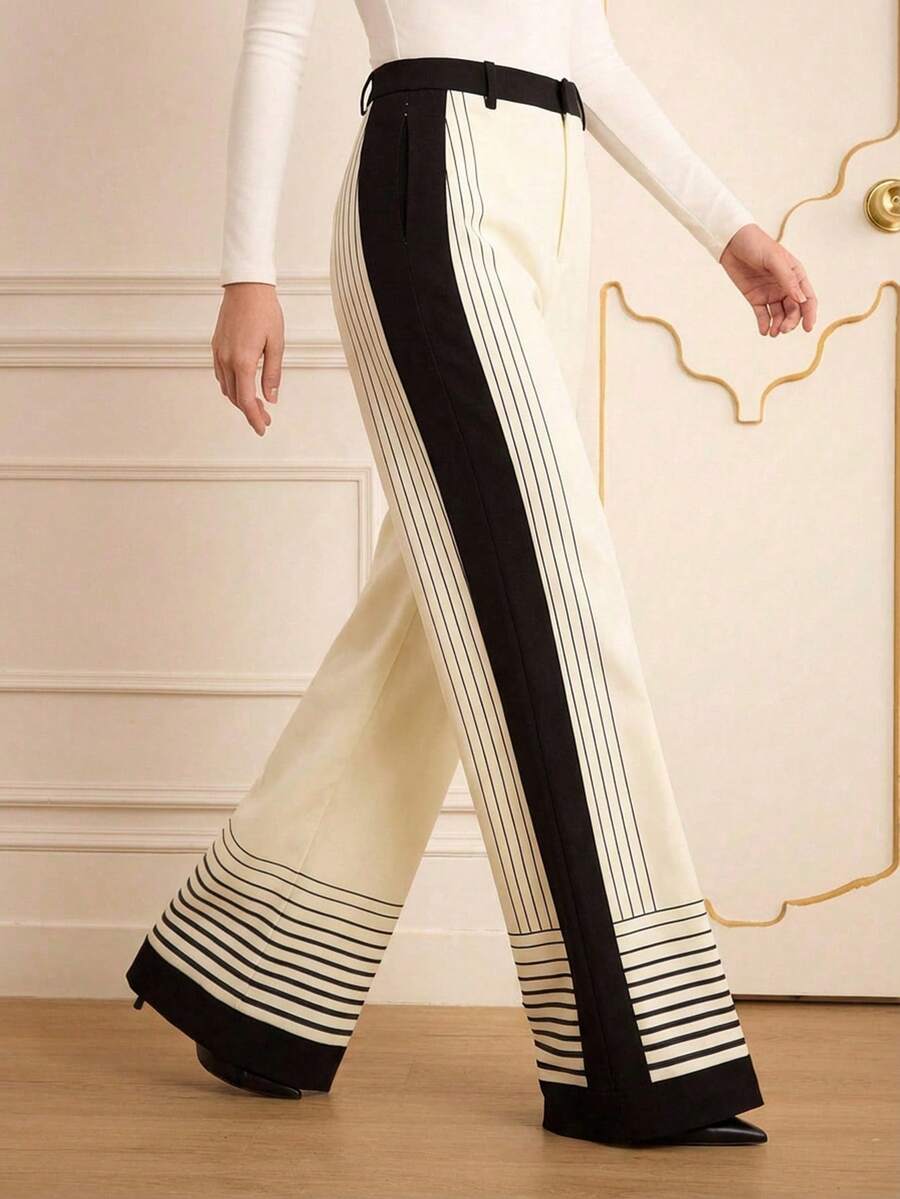 Lilora 女士优雅通勤条纹拼接裤，浪漫优雅，适合通勤，长款修身条纹阔腿裤