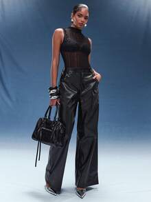 Normani 女士街头风派对嬉皮说唱音乐节基础款运动休闲黑色皮裤 - 黑色 - 查看 3