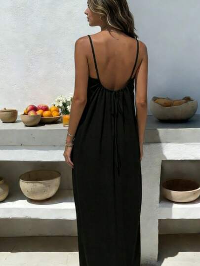 Breezaya Petite 女士纯色露背系带宽松长款休闲连衣裙